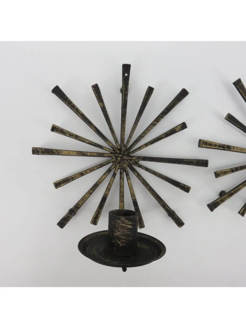 Brutalist Set of 2 Black Gold Metal Starburst Hanging Wall Candle Sconces VTG